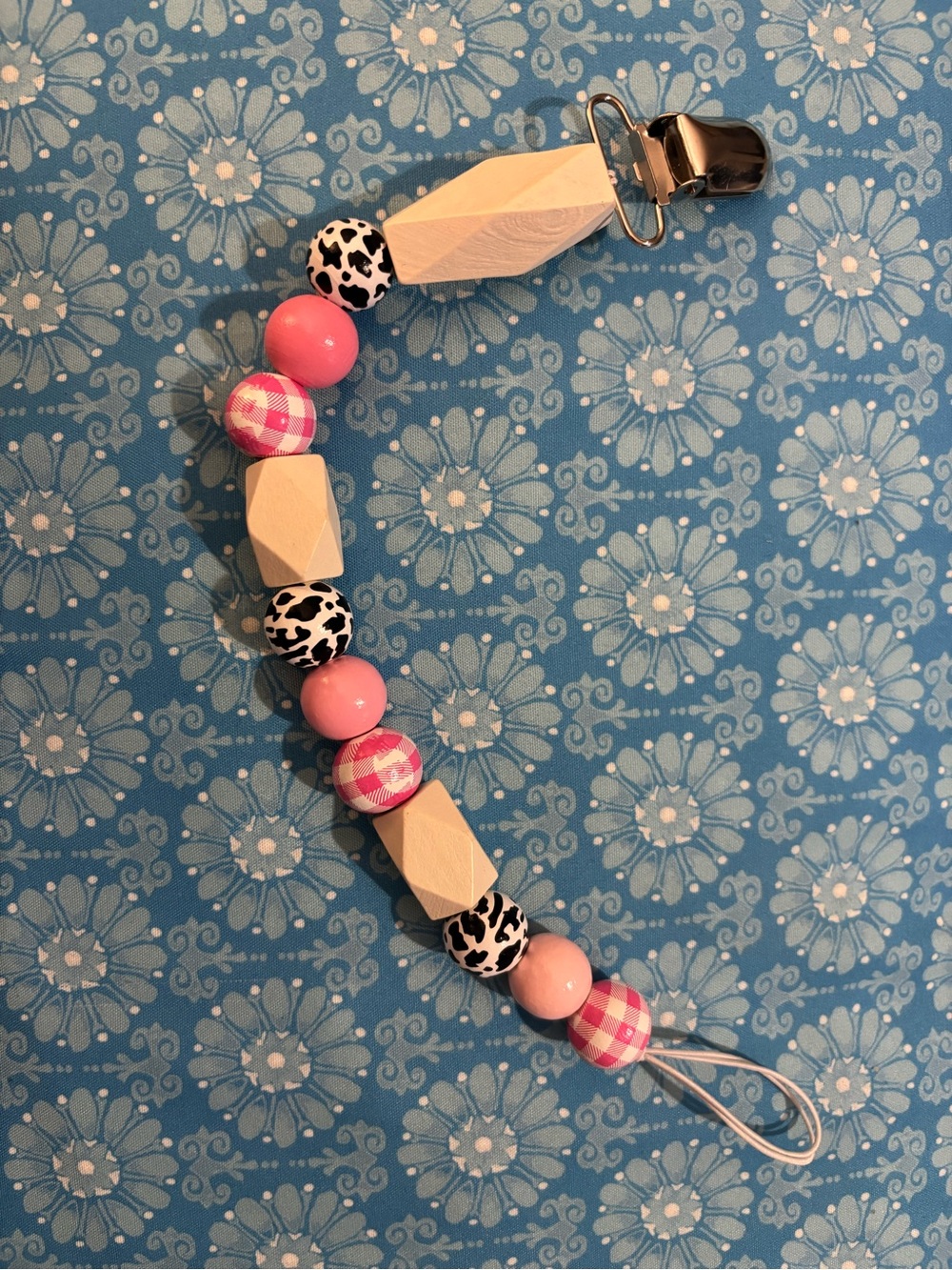 Pink Beaded Pacifier Clip with Patterned and Wooden Beads